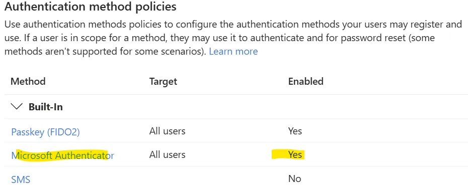 Authentication Methods Policy page