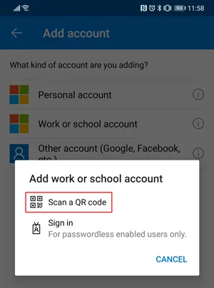 Scan QR code in Microsoft Authenticator