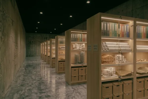 Archive shelving holding project binders, rolled drawings and building models
