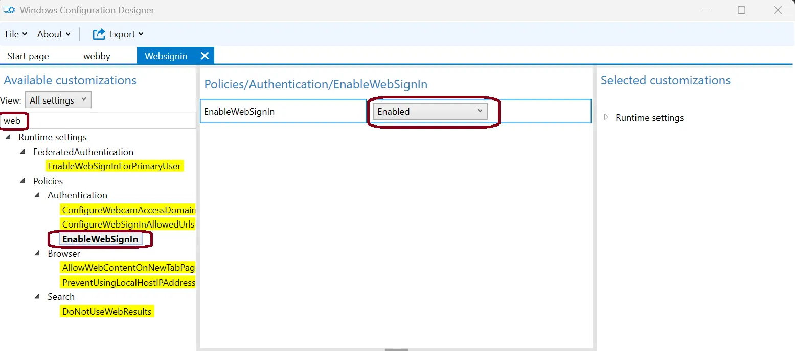 Settings catalog